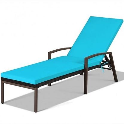 Picture of Patio Rattan Lounge Chaise Recliner with Back Adjustable Cushioned-Turquoise - Color: Turquoise