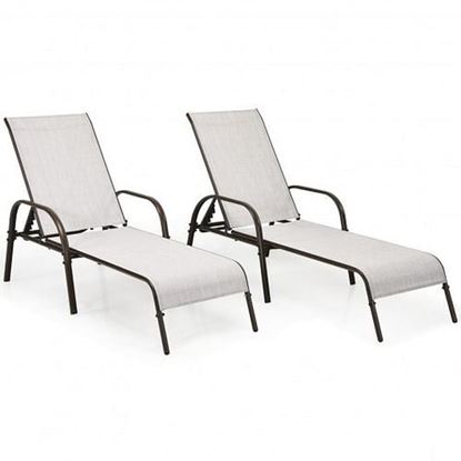 Picture of 2 Pcs Outdoor Patio Lounge Chair Chaise Fabric with Adjustable Reclining Armrest-Gray - Color: Gray