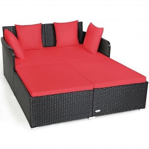 Picture of Outdoor Patio Rattan Daybed Thick Pillows Cushioned Sofa Furniture-Red - Color: Red