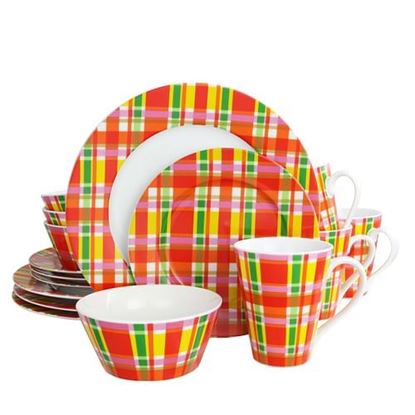 Foto de Oui by French Bull Multicolor Plaid 16 Piece Round Porcelain Dinnerware Set