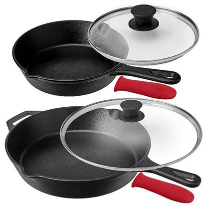 Picture of MegaChef Pre-Seasoned 6 Piece Cast Iron Skillet Set with Lids and Red Silicone Holders