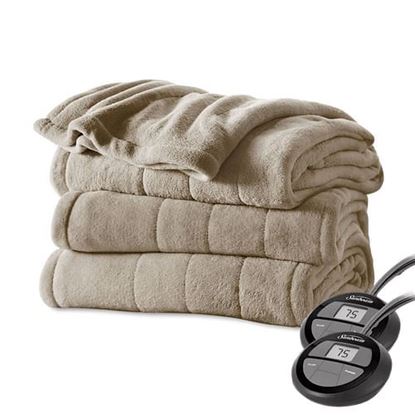 Picture of Sunbeam Queen Size Electric MicroPlush Heated Blanket with Dual Digital Controllers in Mushroom