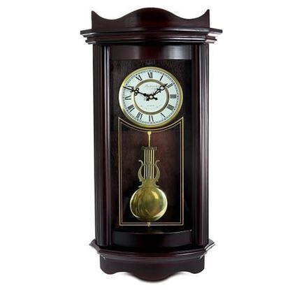 Picture of Bedford Clock Collection 25 Inch Chiming Pendulum Wall Clock in Weathered Chocolate Cherry Finish