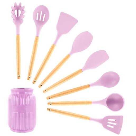 Picture of MegaChef Pink Silicone and Wood Cooking Utensils, Set of 9