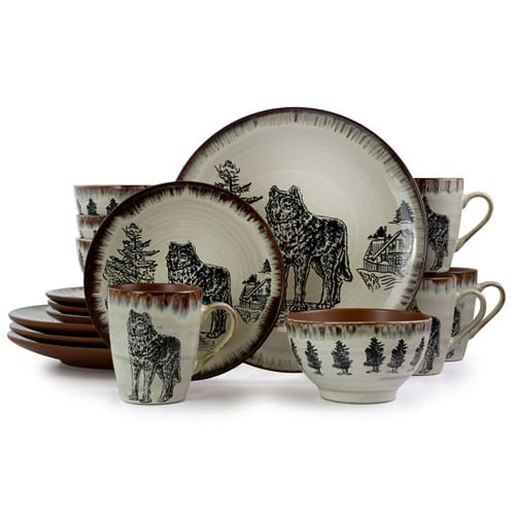 Picture of Elama Majestic Wolf 16 Piece Luxurious Stoneware Dinnerware with Complete Setting for 4