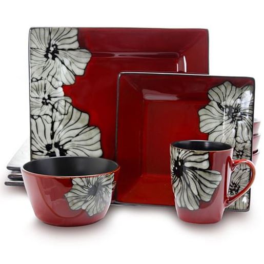 Picture of Elama Winter Bloom 16 Piece Square Stoneware Dinnerware Set