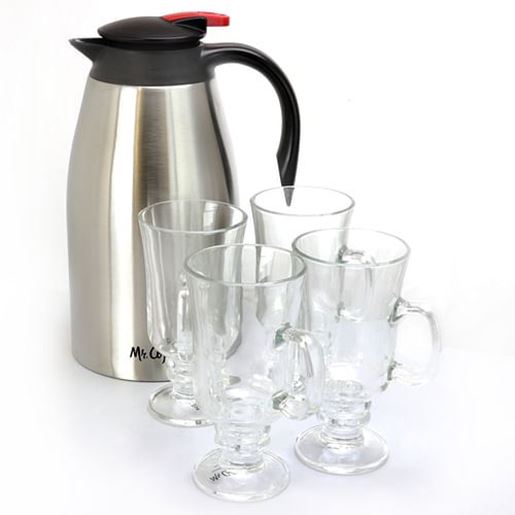 Picture of Mr. Coffee Galion 2 Quart Stainless Steel Insulated Coffee Pot and 4 Piece Glass Pedestal Cup Set