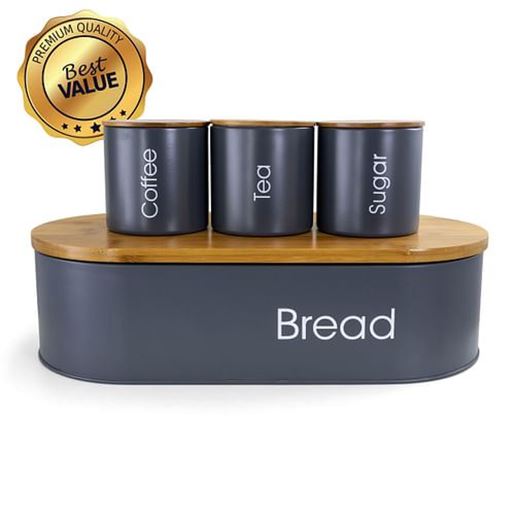 Picture of MegaChef Bamboo Kitchen Countertop 4 Piece Metal Bread Basket and Canister Set in Gray with Lids