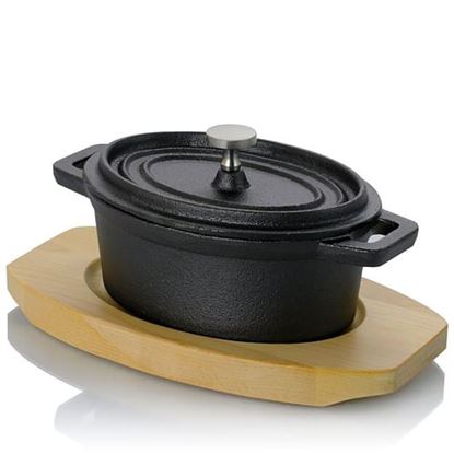 Picture of Gibson Home Campton 0.35 Quart Mini Oval Cast Iron Casserole Dutch Oven with Lid and Wooden Base