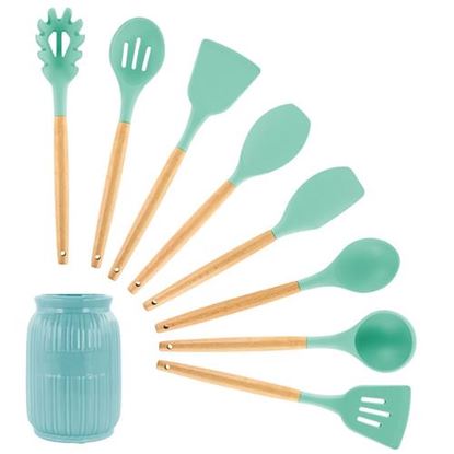 Picture of MegaChef Mint Green Silicone and Wood Cooking Utensils, Set of 9