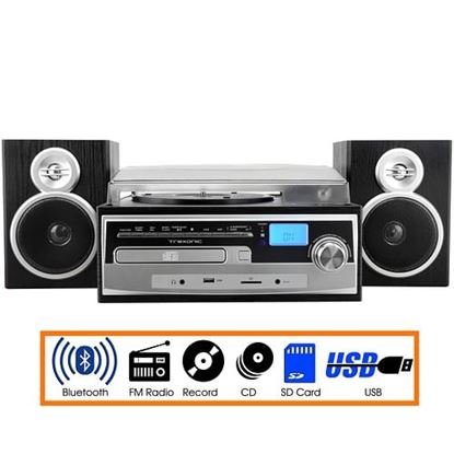 Picture of Trexonic 3-Speed Vinyl Turntable Home Stereo System with CD Player, FM Radio, Bluetooth, USB/SD Recording and Wired Shelf Speakers