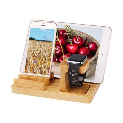 Picture of Trexonic Bamboo 4-Port Apple Watch and Iphone Charging Stand with 3 Device Slots and Pen Holder