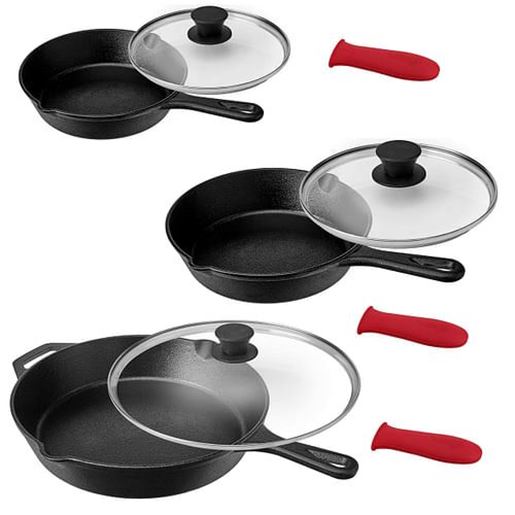 Picture of MegaChef Pre-Seasoned 9 Piece Cast Iron Skillet Set with Lids and Red Silicone Holder