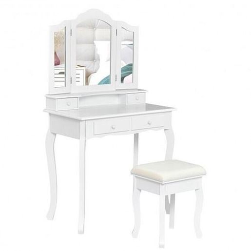 Изображение 4 Drawers Wood Mirrored Vanity Dressing Table with Stool-White - Color: White