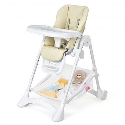 Picture of Baby Convertible Folding Adjustable High Chair with Wheel Tray Storage Basket -Beige - Color: Beige
