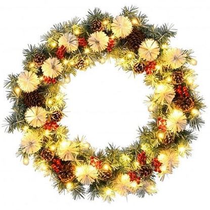 Picture of 30-Inch Pre-lit Flocked Artificial Christmas Wreath with Mixed Decorations - Color: Green - Size: 30 inches
