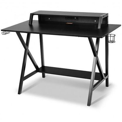 Picture of All-in-One Professional Gaming Desk with Cup and Headphone Holder - Color: Black