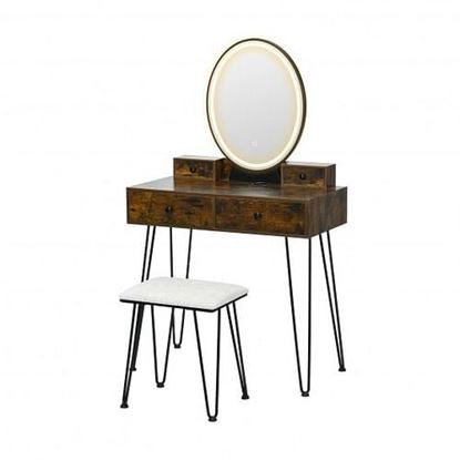 Изображение Vanity Table Set with 3-Color Lighted Dimmable Mirror-Brown - Color: Brown