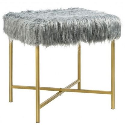 Picture of Faux Fur Ottoman Decorative Stool with Metal Legs - Color: Gray