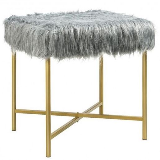 Picture of Faux Fur Ottoman Decorative Stool with Metal Legs - Color: Gray