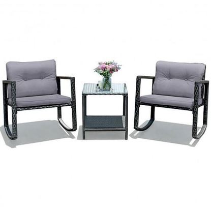 图片 3 Pcs Cushioned Patio Rattan Set with Rocking Chair and Table-Gray - Color: Gray