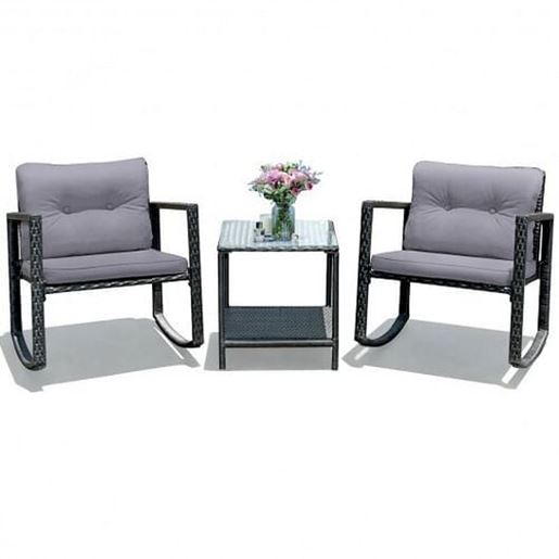 Foto de 3 Pcs Cushioned Patio Rattan Set with Rocking Chair and Table-Gray - Color: Gray