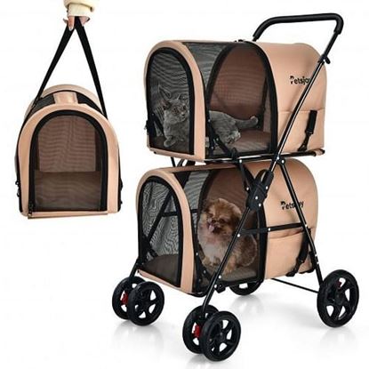 Picture of 4-in-1 Double Pet Stroller with Detachable Carrier and Travel Carriage-Beige - Color: Beige