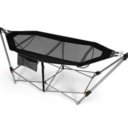 Picture of Folding Hammock Indoor Outdoor Hammock with Side Pocket and Iron Stand-Black - Color: Black