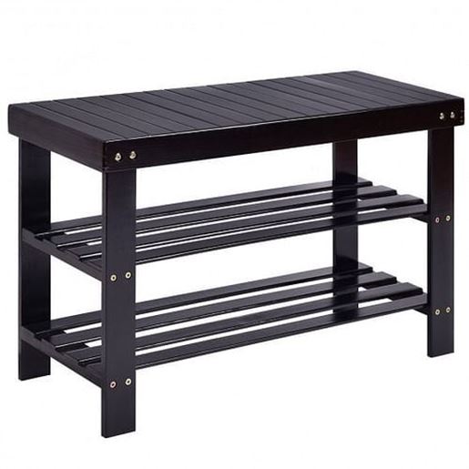 Picture of 3 Tier Bamboo Bench Storage Shoe Shelf-Black - Color: Black