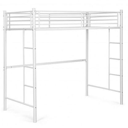 图片 Twin Loft Bed Frame with 2 Ladders Full-length Guardrail -White - Color: White