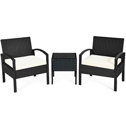 Picture of 3 Pieces Outdoor Rattan Patio Conversation Set with Seat Cushions-White - Color: White