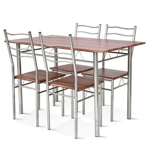 Foto de 5 pcs Wood Metal Dining Table Set with 4 Chairs-Walnut - Color: Walnut