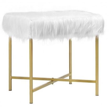 Picture of Faux Fur Ottoman Decorative Stool with Metal Legs - Color: White