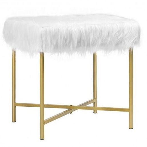 Picture of Faux Fur Ottoman Decorative Stool with Metal Legs - Color: White