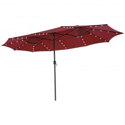 Picture of 15 Feet Twin Patio Umbrella with 48 Solar LED Lights-Wine - Color: Wine