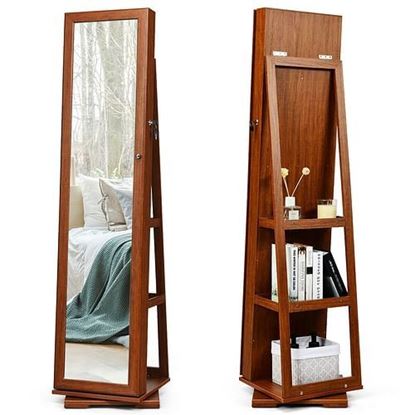 Picture of 360?Â° Rotatable Armoire 2-in-1 Lockable Mirrored Jewelry Cabinet-Brown - Color: Brown