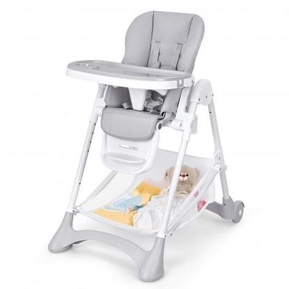 Picture of Baby Convertible Folding Adjustable High Chair with Wheel Tray Storage Basket -Gray - Color: Gray