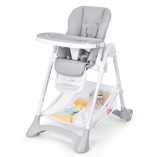Picture of Baby Convertible Folding Adjustable High Chair with Wheel Tray Storage Basket -Gray - Color: Gray