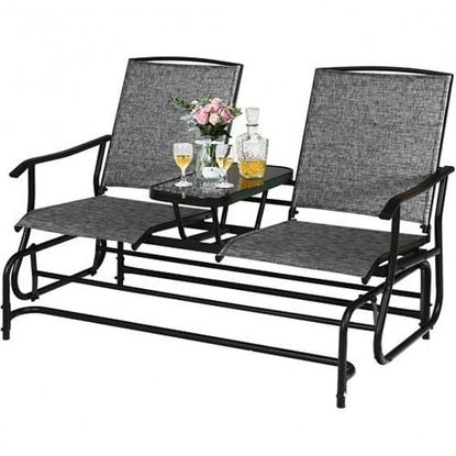 Picture of 2-Person Double Rocking Loveseat with Mesh Fabric and Center Tempered Glass Table-Gray - Color: Gray