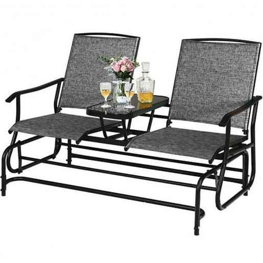 Picture of 2-Person Double Rocking Loveseat with Mesh Fabric and Center Tempered Glass Table-Gray - Color: Gray