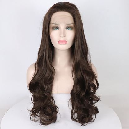 Foto de Shipping from: China,Color: Picture color - Dark Brown Body Wave Synthetic 13*3 Lace Front Wig Glueless Heat Resistant Fiber Hair Free Parting For Women Party Wig