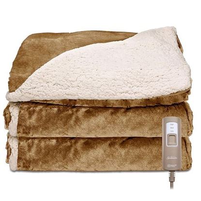 Picture of Sunbeam Royal Mink and Sherpa Electric Heated Throw in Honey with Push with Button Control