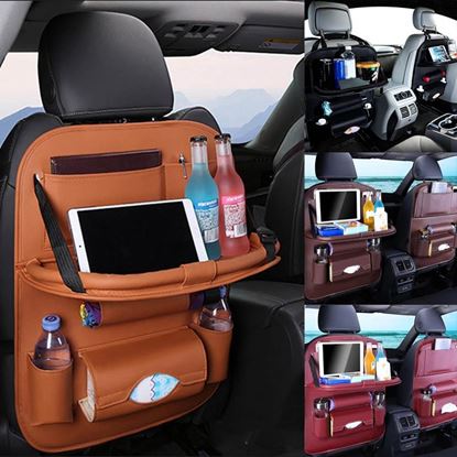 图片 Color: Black - Universal Multifunctional Car Seat Bag with Foldable Table PU Leather Multi-pocket