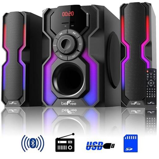 Picture of beFree Sound 2.1 Channel Bluetooth Multimedia Wired Speaker Shelf Stereo System with Reactive LED Lights, FM Radio, USB, and SD Inputs