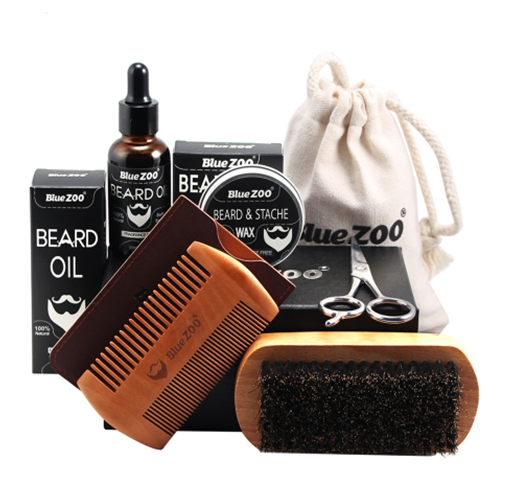 Picture of Color: 2pcs Oil - Black Bluezoo Beard Set Beard Oil Beard Wax Double Side Comb Brush Bag Small Scissors 7 Piece Set