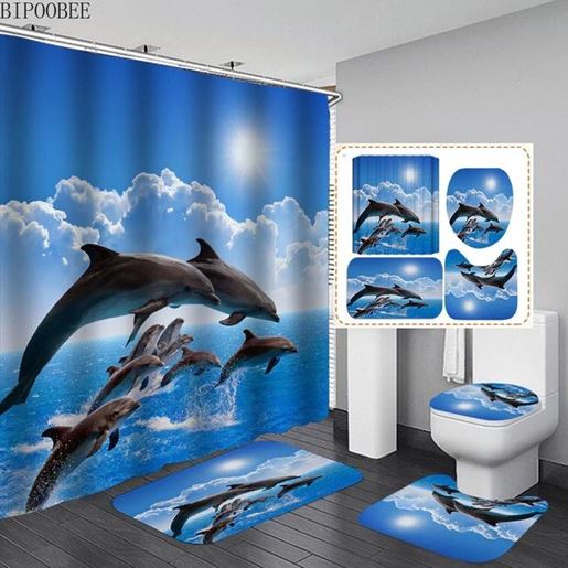 Picture of Color: Y3HAIt10, Dimensions: 45x75cmplus45x40cmplus40x45cm - Three-Piece Bathroom Shower Curtain Waterproof And Mildew Proof Polyester Bathroom Curtain 3D Dolphin