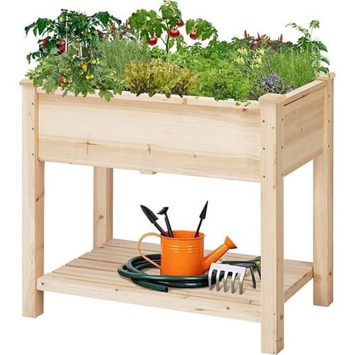 Picture of Solid Wood 2-Tier Raised Garden Bed Planter Bed with Bottom Storage Shelf