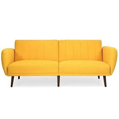 Picture of Modern Scandinavian Yellow Linen Upholstered Sofa Bed with Wooden Legs