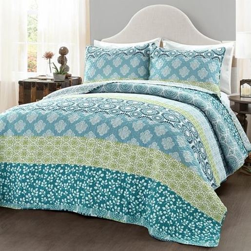 Picture of King size Cotton 3 Piece Reversible Blue White Green Floral Damask Quilt Set