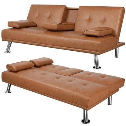 Picture of Brown Modern Faux Leather Cup Holders Convertible Sofa Bed Futon Sleeper